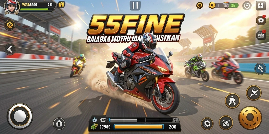 Tampilan seru dari gameplay balapan motor di 55FIVE.
