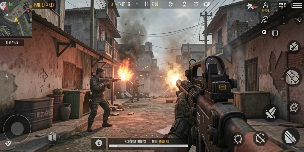 Screenshot dari gameplay seru MILO4D menampilkan aksi tembak-menembak.